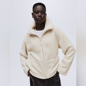 H&M Women’s Neutral Minimalist Cream Teddy Fleece Full-Zip Jacket – Size Medium